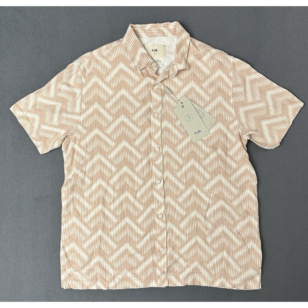 NWT Folk Arrow Short Sleeve Shirt Buttondown Pink Mens M Linen Viscose Blend